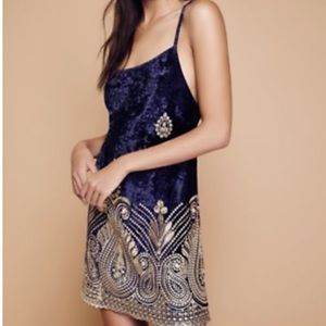 Free People Navy Blue Velvet Slip Dress with Gold Beaded Embroidery